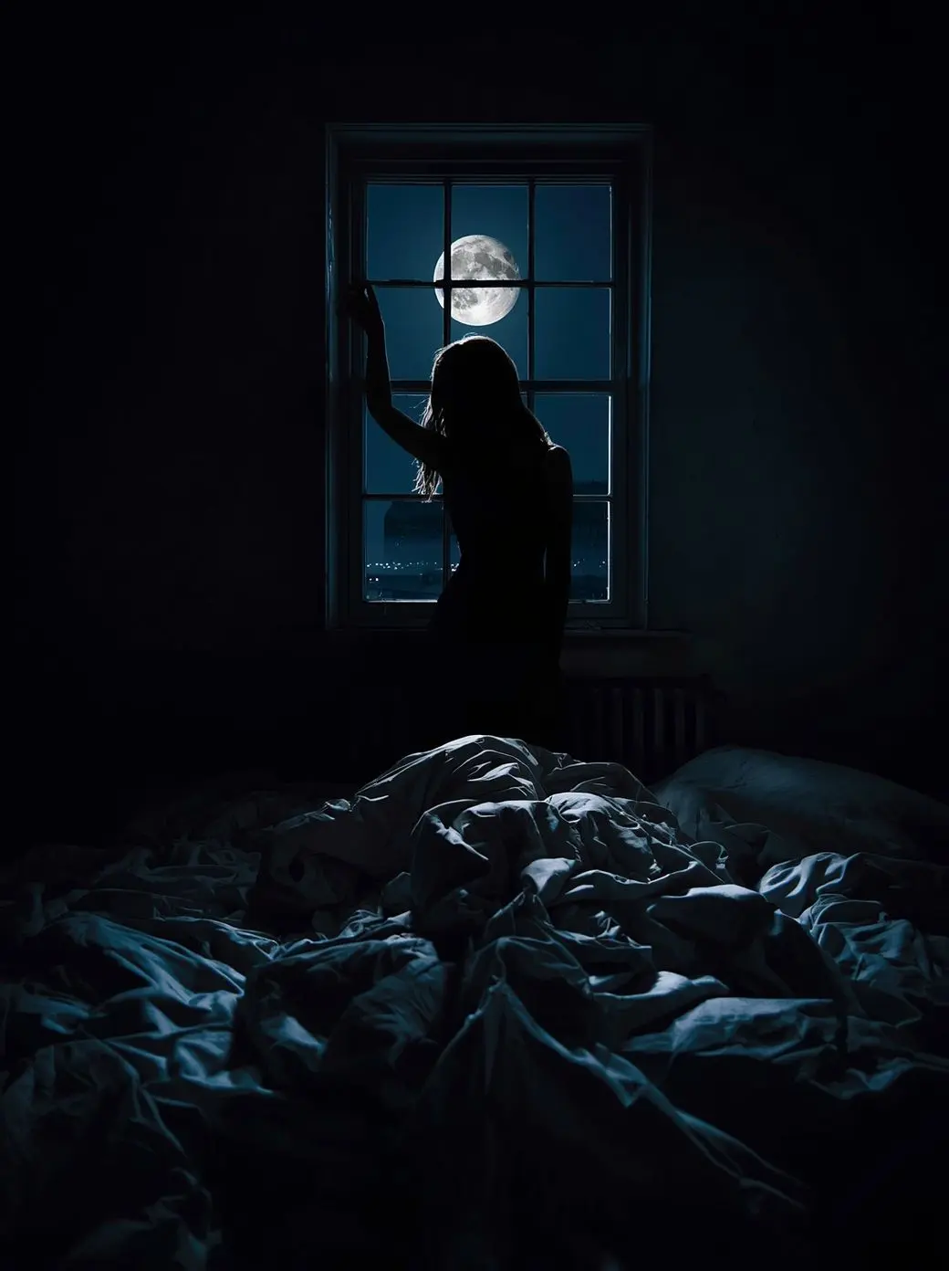 Silhouette d'une femme debout devant une fenêtre la nuit, pleine lune — Insomnie ce que le corps refuse de déposer