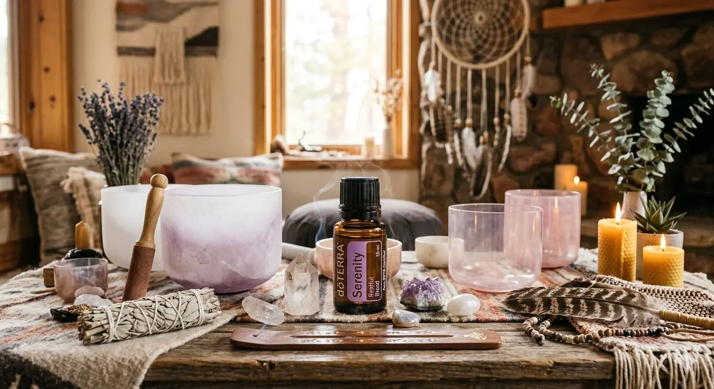 Bols de cristal et huiles essentielles doTERRA Serenity — méditation sonore et sommeil