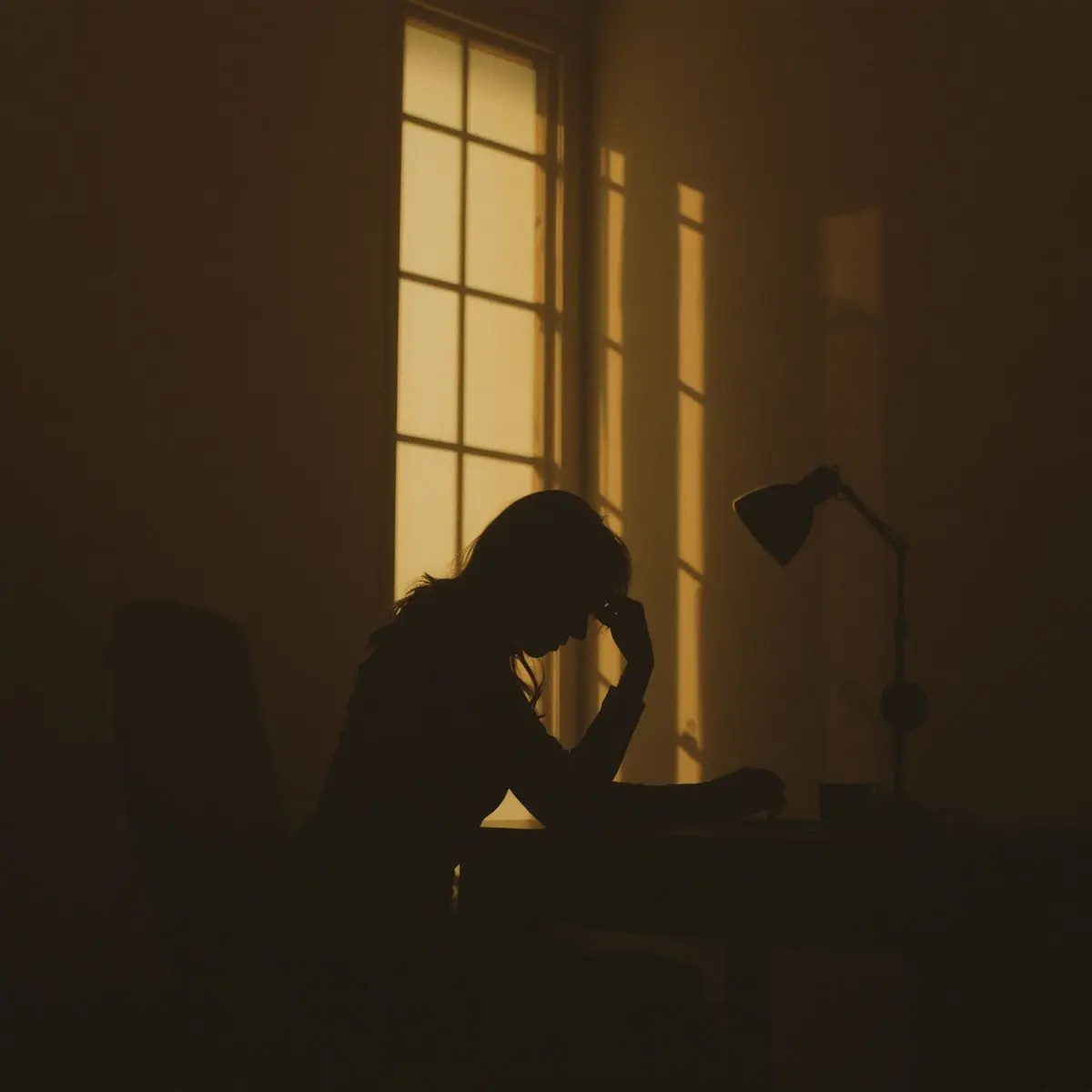 Silhouette d'une femme penchée sur un bureau, lumière chaude de fenêtre — Lumbago la mémoire que le dos porte
