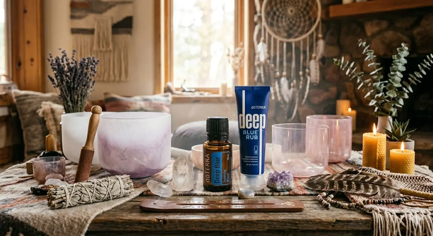 Deep Blue doTERRA et Copaïba sur table en bois avec bols de cristal — protocole lumbago